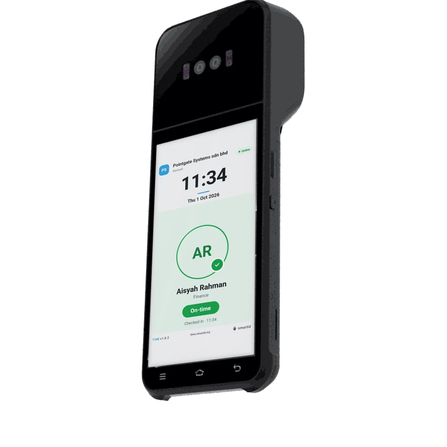 smartid SID Z92P desktop palm device running the smartid app, showing Checked in