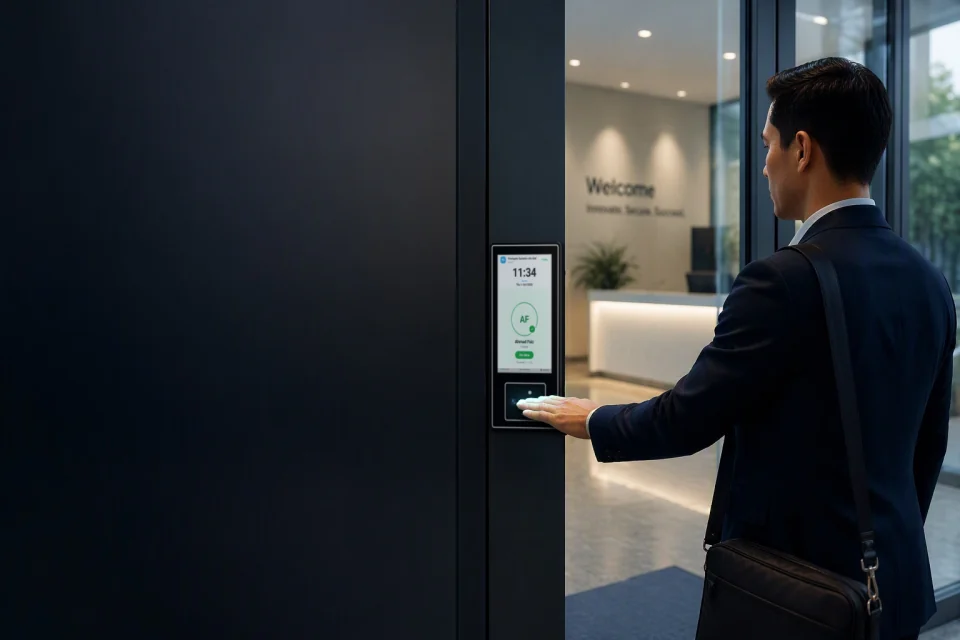An employee scanning his palm at a wall-mounted smartid terminal in an office lobby