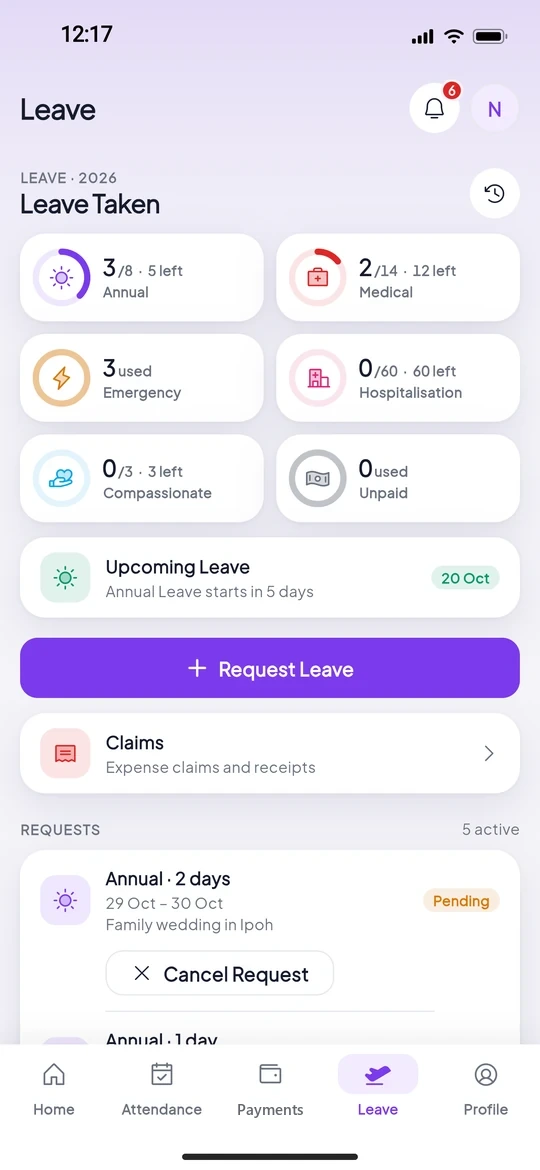 smartid MOBILE leave balance: Annual 3 of 14, Sick 1 of 14, Emergency 1 of 3, and pending requests